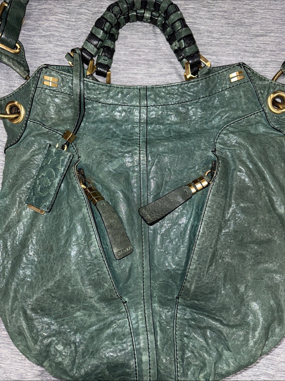 orYANY Dark Green Leather Shoulder Bag with Braided Handle and Brass Hardware - Picture 3 of 7